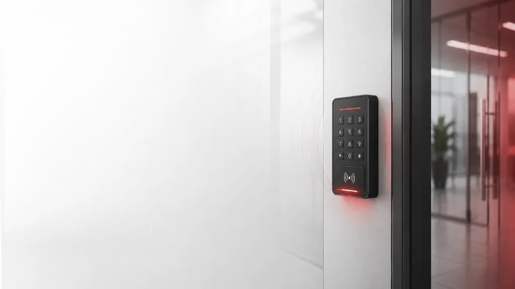 Access control reader beside a commercial door